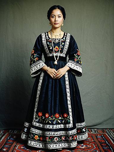 Woman in Traditional Embroidered Gown Full Body Portrait