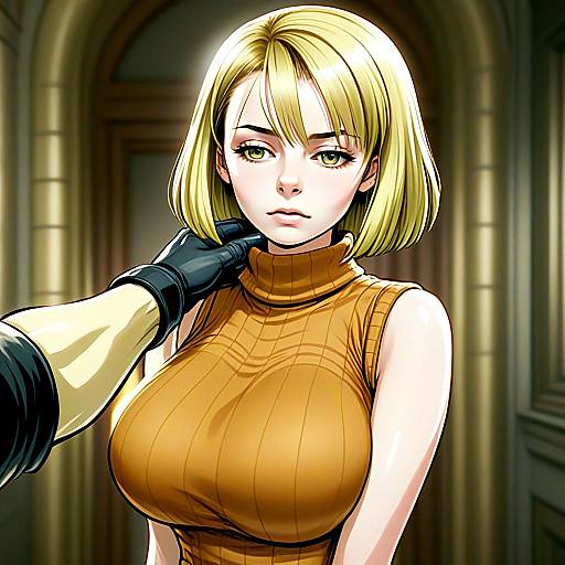 Blonde Woman in Mustard Turtleneck Anime Illustration