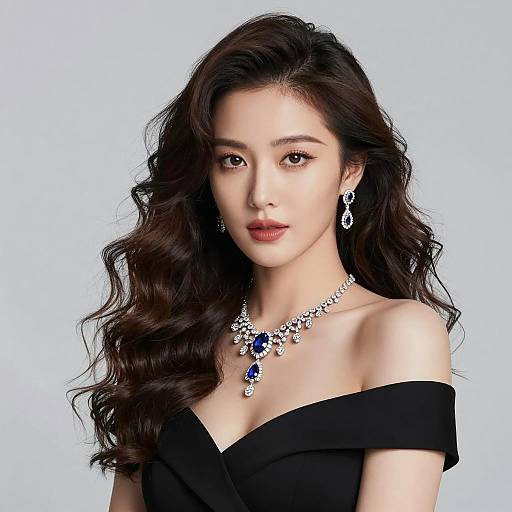 Elegant Woman Wearing Sapphire Jewelry and Off-Shoulder Black Dress