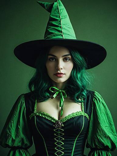 Woman in Green Witch Costume Waist Up Editorial Portrait
