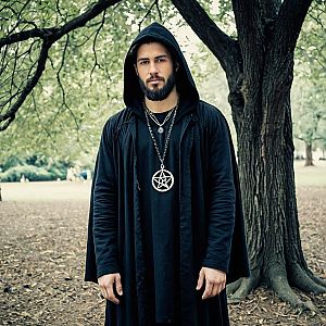 Man in Black Cloak with Pentagram in Woods