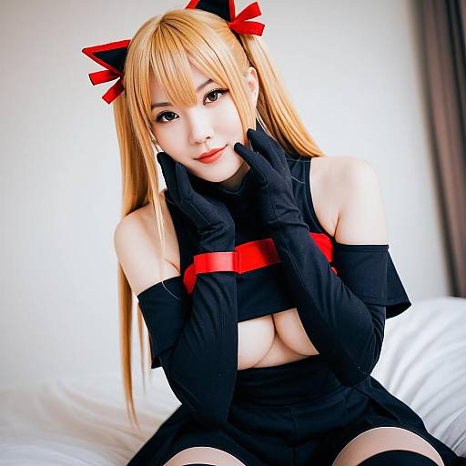 Cosplay Woman in Anime-Inspired Black and Red Cat Ear Costume