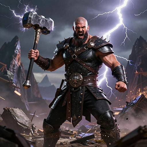 Warrior Man with Lightning Hammer in Mythical Storm Battle Scene