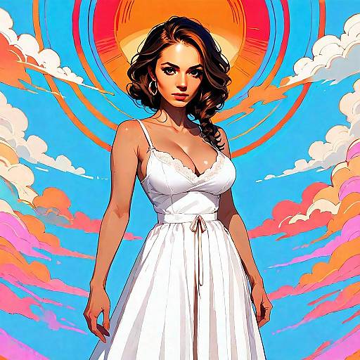 Stylized Illustration of Woman in White Dress with Vibrant Sun and Sky Background
