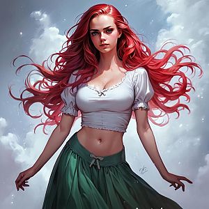 Young Woman with Red Hair Against Cloudy Sky
