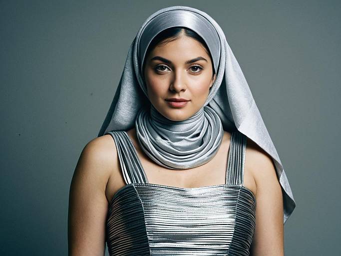 Woman in Silver Slinky Dress and Matching Headscarf Fashion Portrait