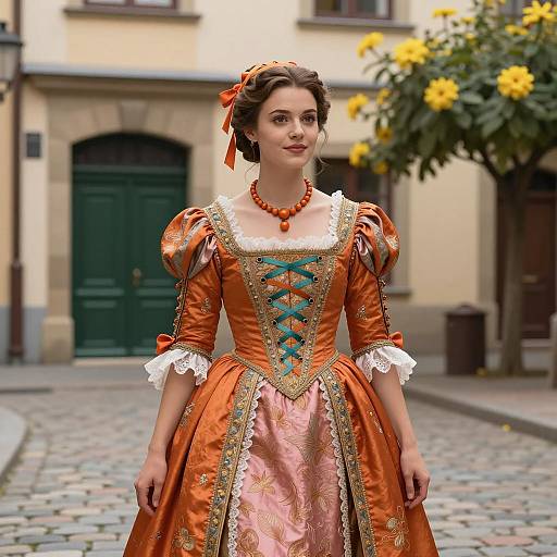 18th Century Inspired Woman in Ornate Orange and Pink Historical Dress
