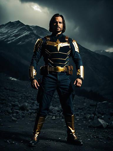 Man in Winter Soldier Military Uniform Costume with Gold Armor in Mountain Landscape