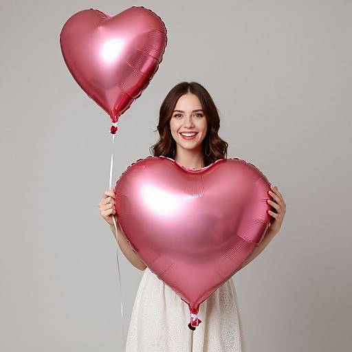Happy Woman Holding Pink Heart-Shaped Balloons in White Dress