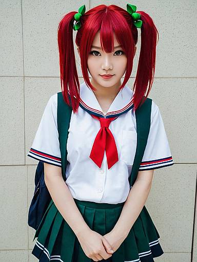 Japanese School Uniform Cosplay with Red Twin-Tail Hairstyle