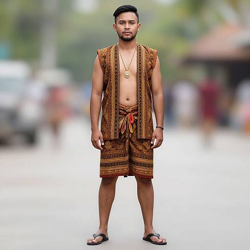 Man Wearing Traditional Brown and Gold Southeast Asian Outfit