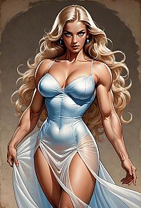 Digital Artwork of Strong Blonde Woman in Elegant White Dress