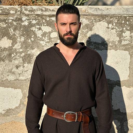 Bearded Man in Medieval-Style Tunic with Leather Belt Outdoors