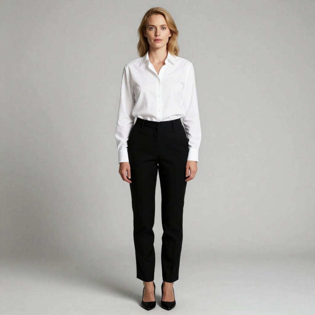 Professional Woman in Classic Business Casual Attire Against Gray Background