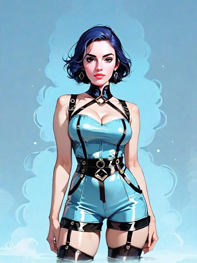 Stylish Dark Fantasy Woman in Blue Outfit with Harness Straps at Night