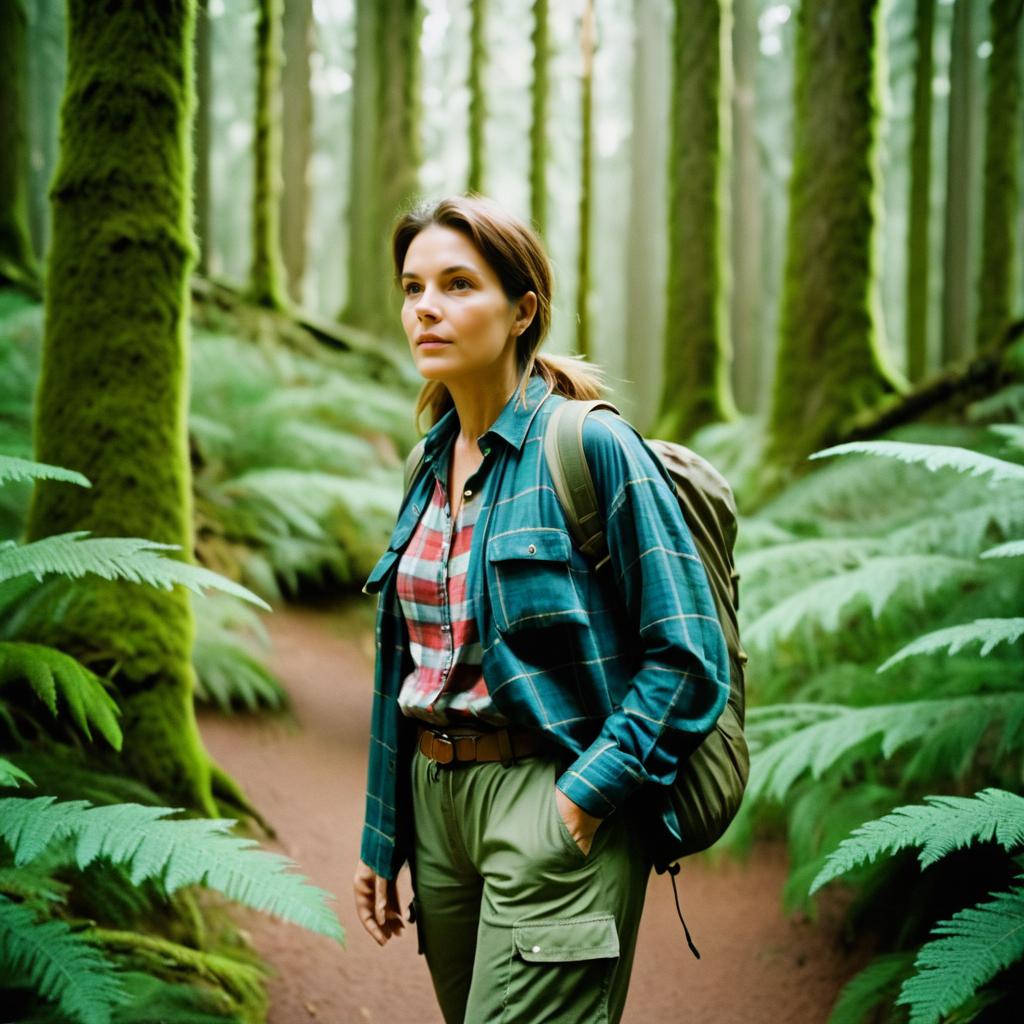 Woman Hiking in Lush Forest