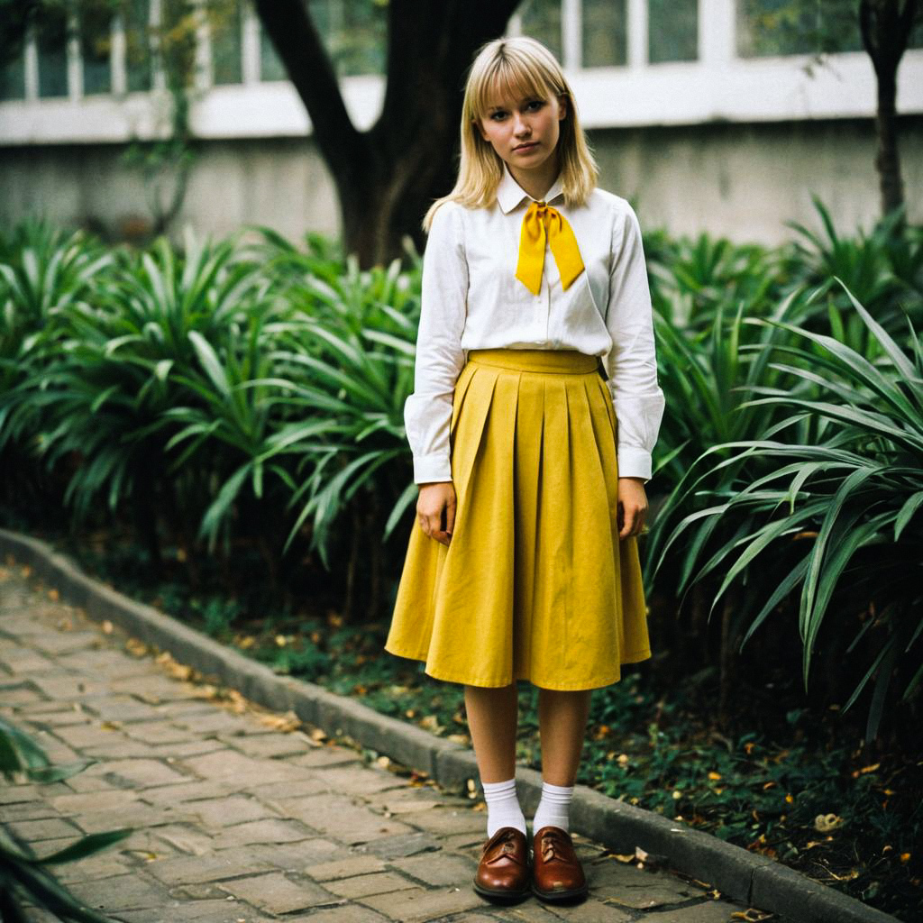 Young Woman in White Blouse and Yellow Skirt in Garden