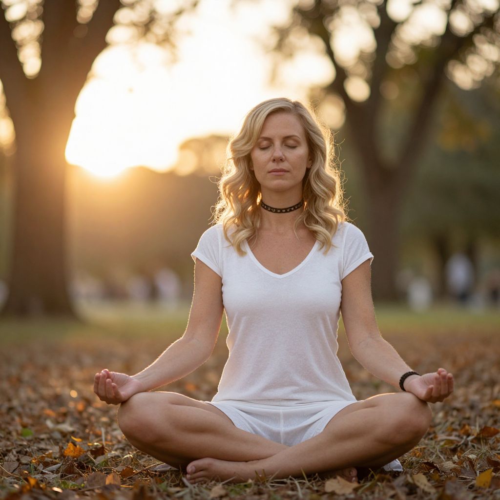 Woman Meditating Outdoors in Autumn with Soft Sunlight