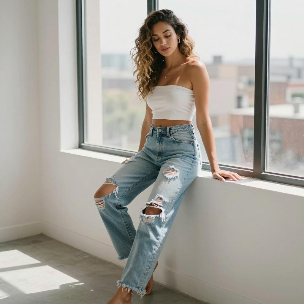 Gen Z Woman in Casual White Tube Top and Ripped Jeans by Window
