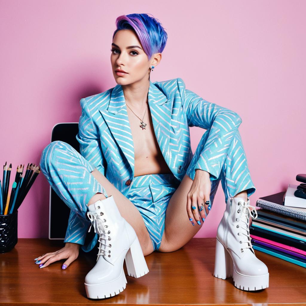 Trendy Woman in Blue Patterned Suit and White Platform Boots on Pink Background