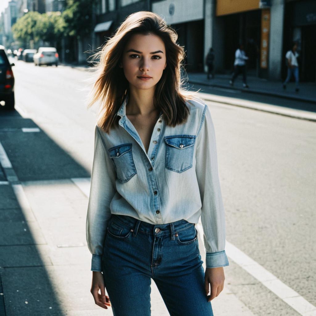 Young Woman in Denim Shirt and Jeans on Urban Street