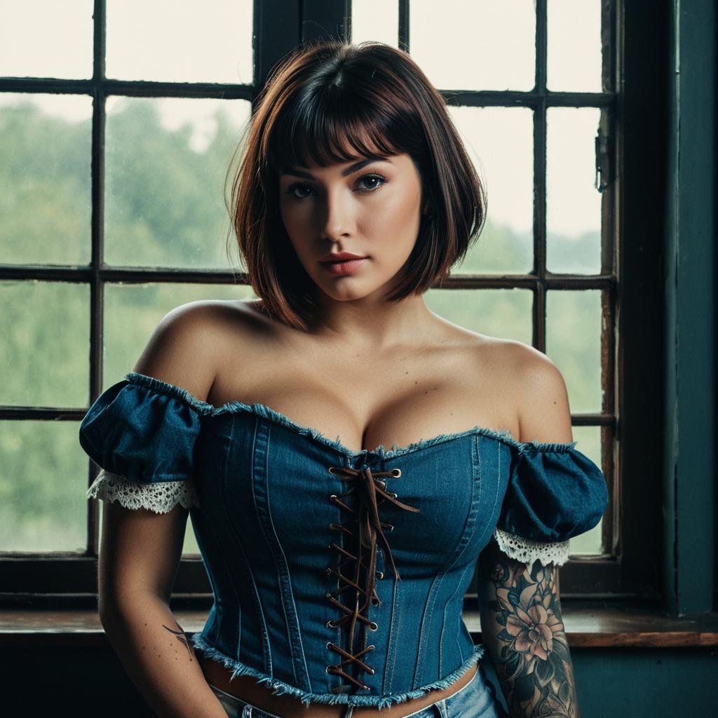 Woman Wearing Denim Corset Top with Tattoo in Vintage Window Light