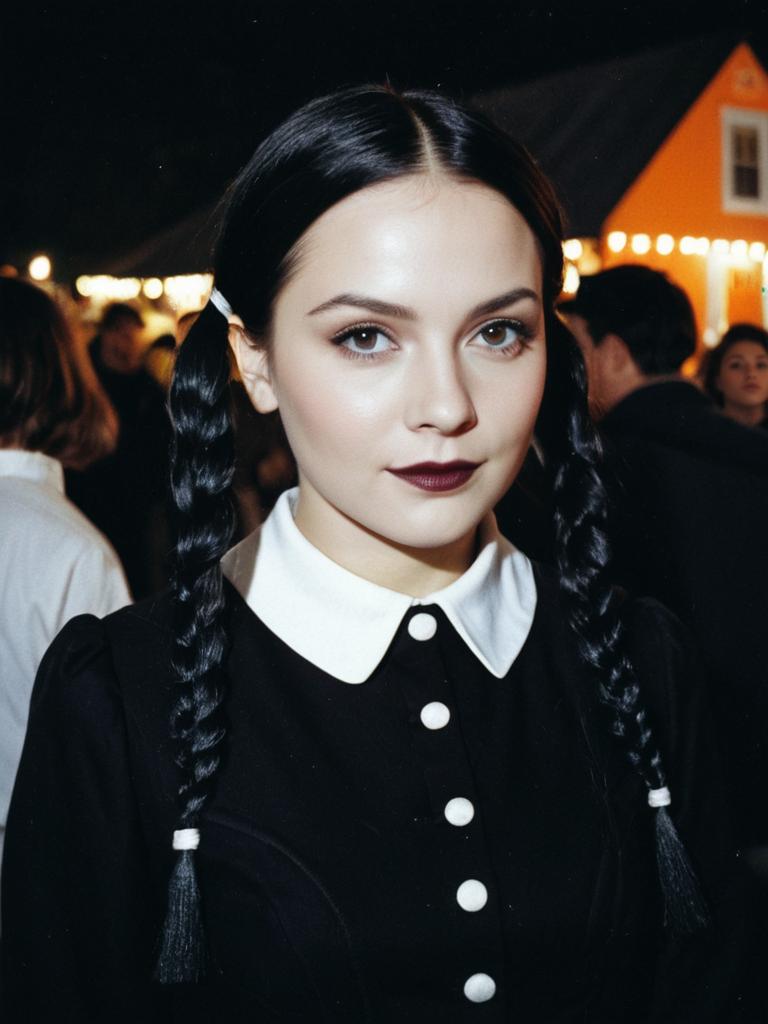 Woman in Wednesday Addams Costume Candid Cosplay Portrait at Halloween