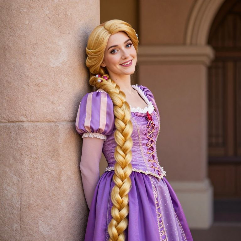 Young Woman in Detailed Purple Rapunzel Costume with Long Blonde Braid