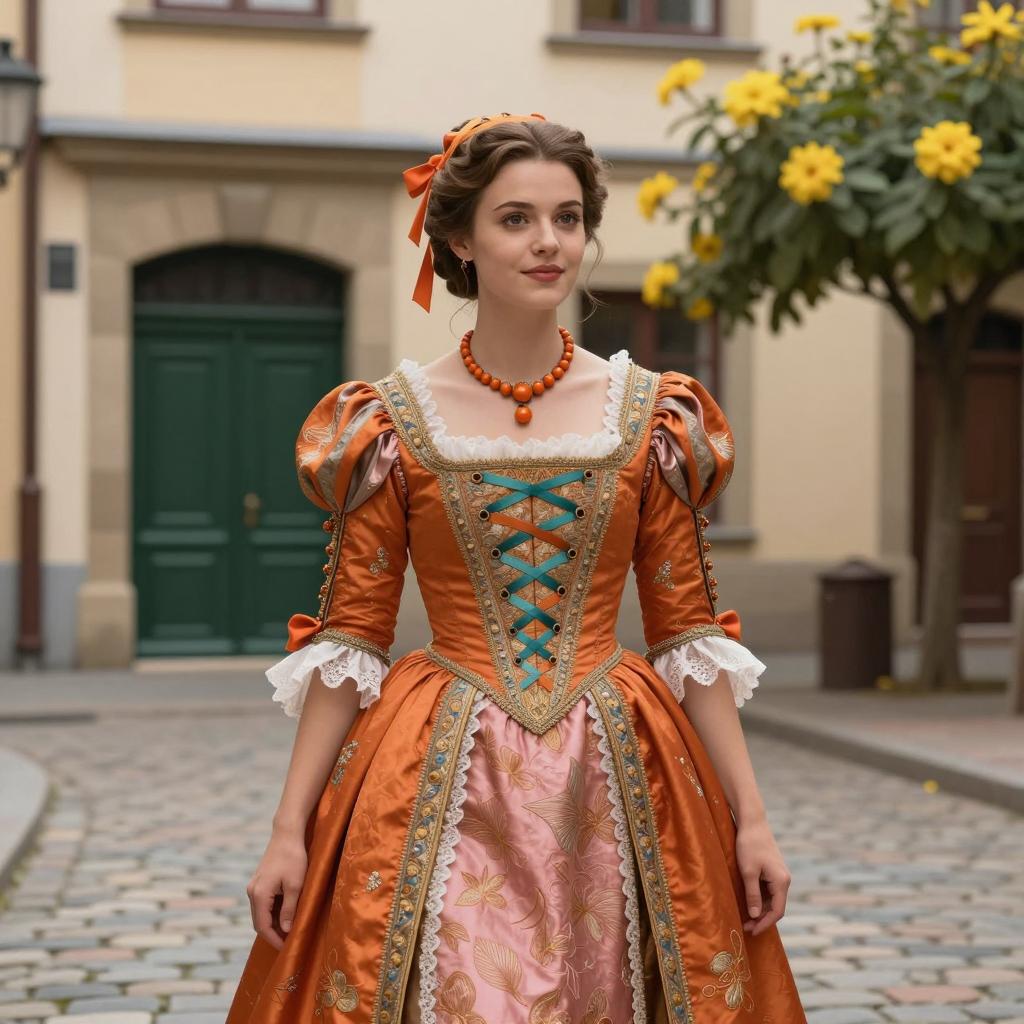 18th Century Inspired Woman in Ornate Orange and Pink Historical Dress