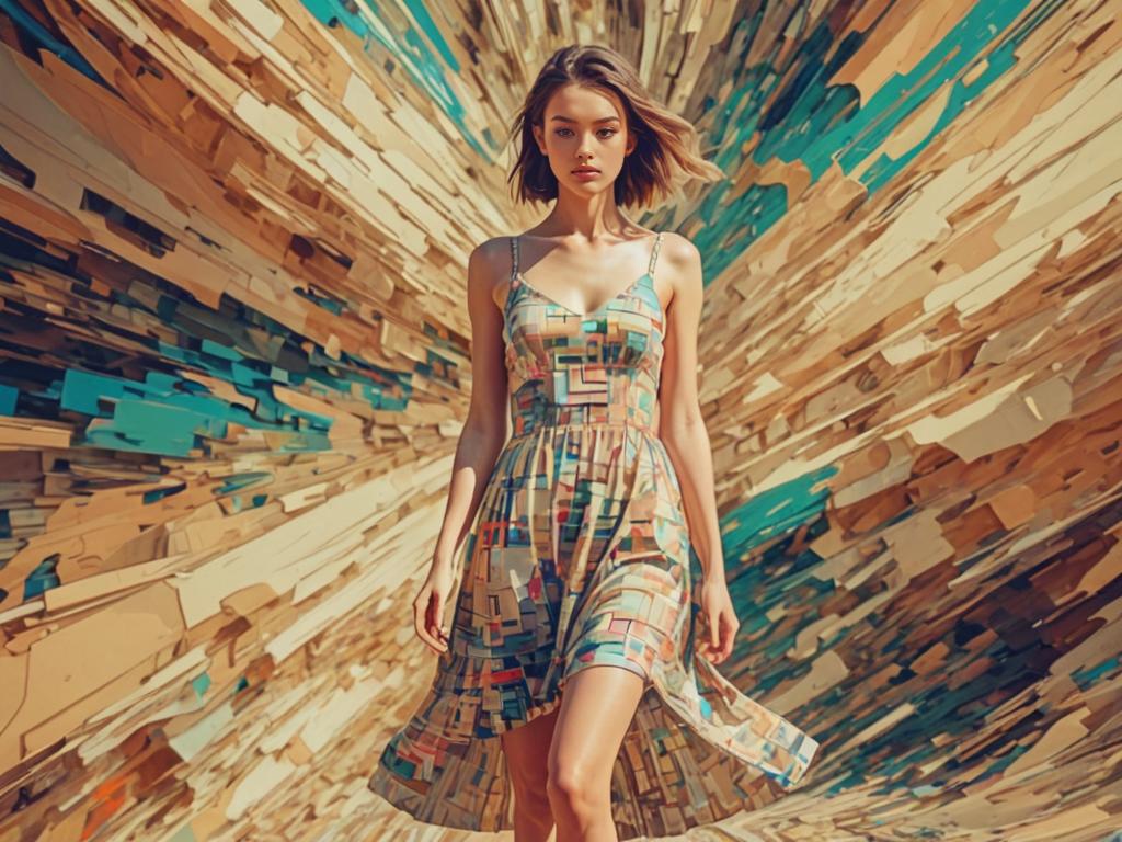 Woman in Beige Sundress Against Abstract Background