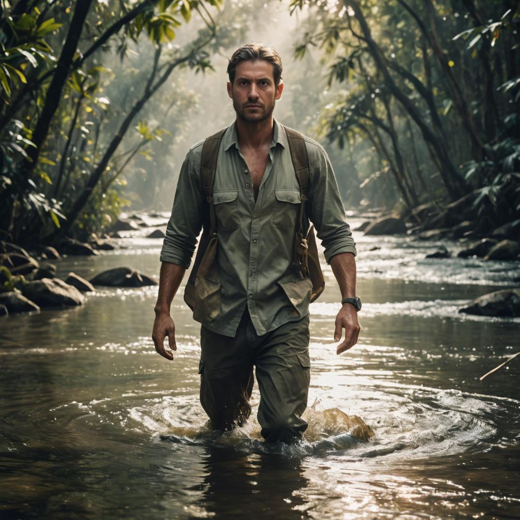 Man Trekking Through Serene River in Lush Forest