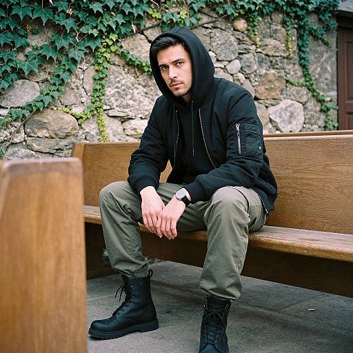 Young Man in Black Hoodie and Cargo Pants Sitting on Bench Outdoors