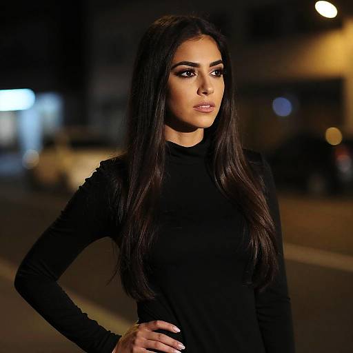 Confident Young Woman in Black Turtleneck Posing Outdoors at Night