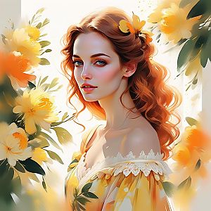 Young Woman in Yellow Dress Surrounded by Flowers