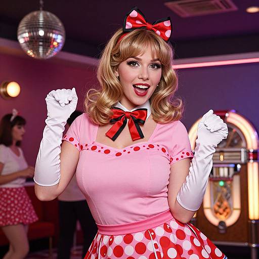 1950s Retro Woman in Pink Polka Dot Dress with Jukebox and Disco Ball