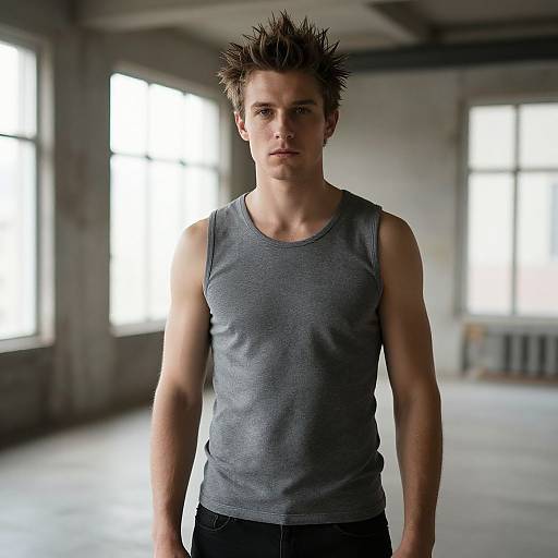 Young Man with Spiky Hair in Grey Tank Top in Industrial Room