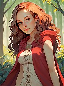 Young Woman in Red Cloak in Sunlit Forest