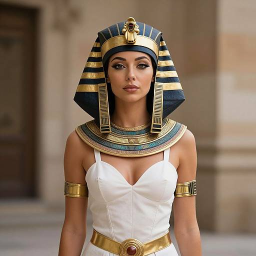 Ancient Egyptian Queen Costume Woman in Nemes Headdress and Jewelry