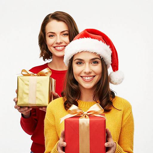 Happy Young Women Celebrating Christmas with Wrapped Gifts