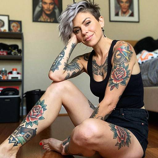 Tattooed Woman with Silver Hair in Casual Black Outfit Sitting Indoors