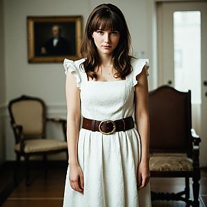 Young Woman in Elegant Vintage White Dress