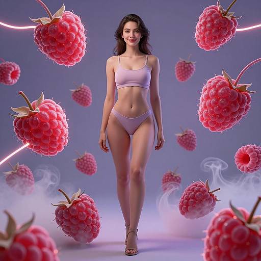 Portrait of Beautiful Young Woman Surrounded by Glowing Raspberries