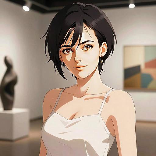 Anime Style Woman in Modern Art Gallery Wearing White Top