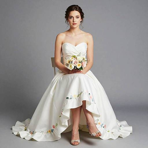 Elegant Woman in Strapless Floral Embroidered Wedding Dress Holding Bouquet
