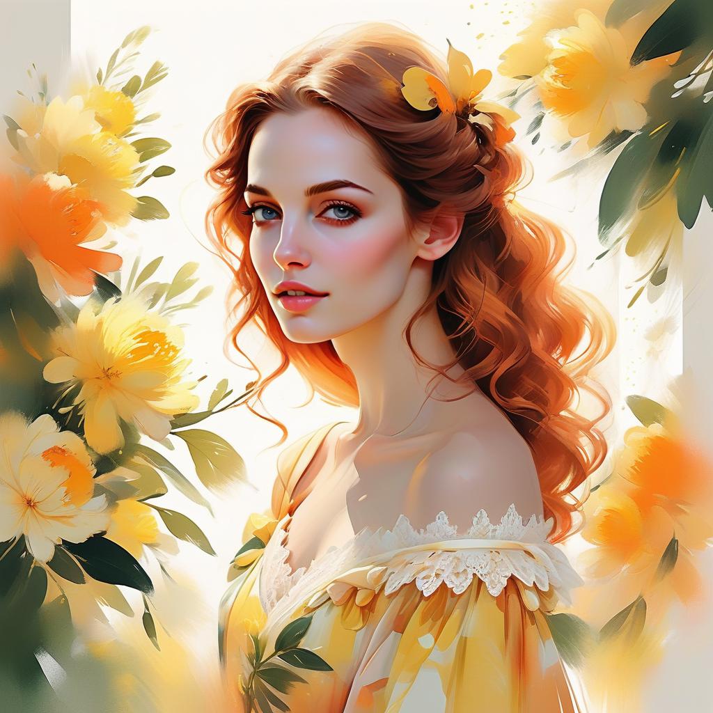 Young Woman in Yellow Dress Surrounded by Flowers