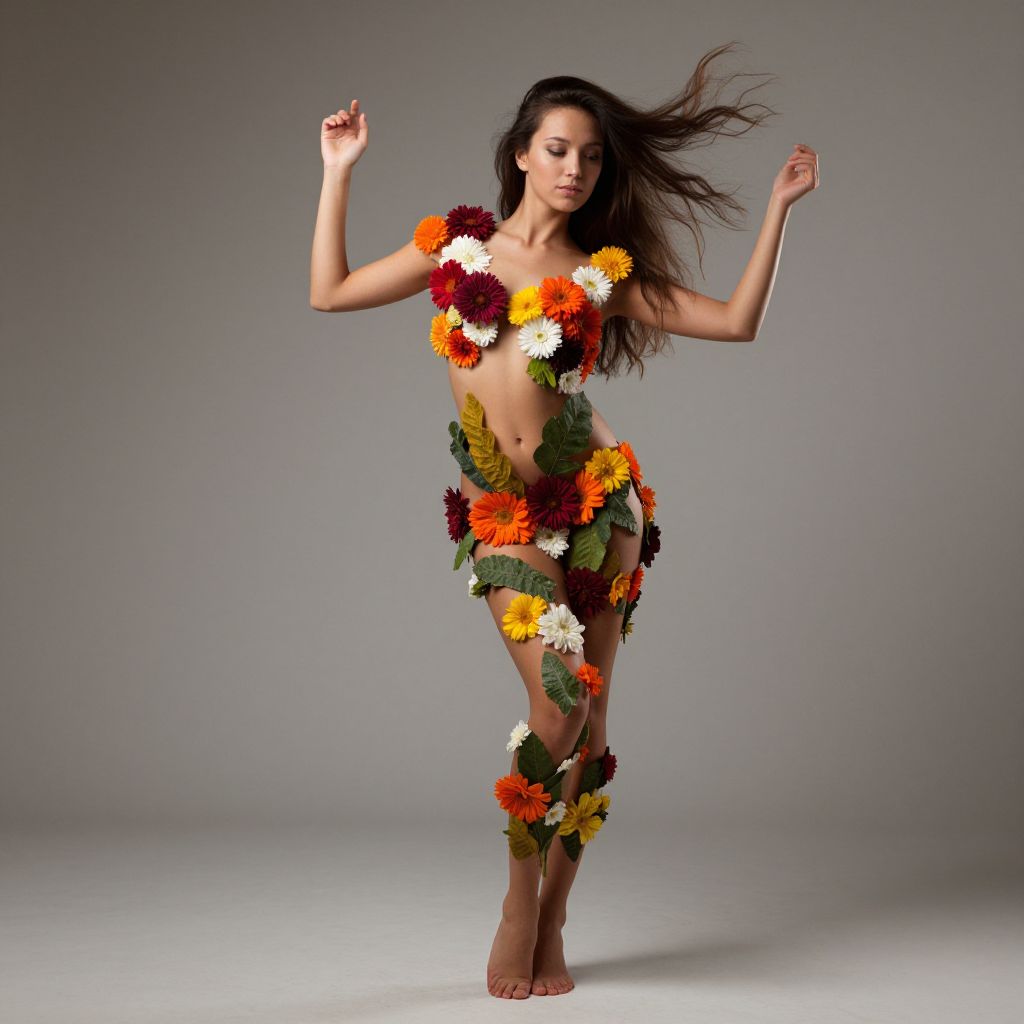 Woman Wearing Floral Outfit with Leaves Artistic Fashion Photography