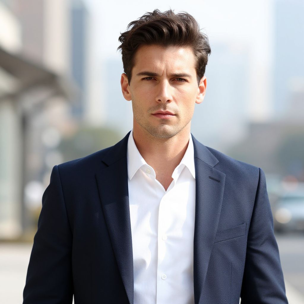 Confident Young Man in Navy Blue Suit Urban Portrait