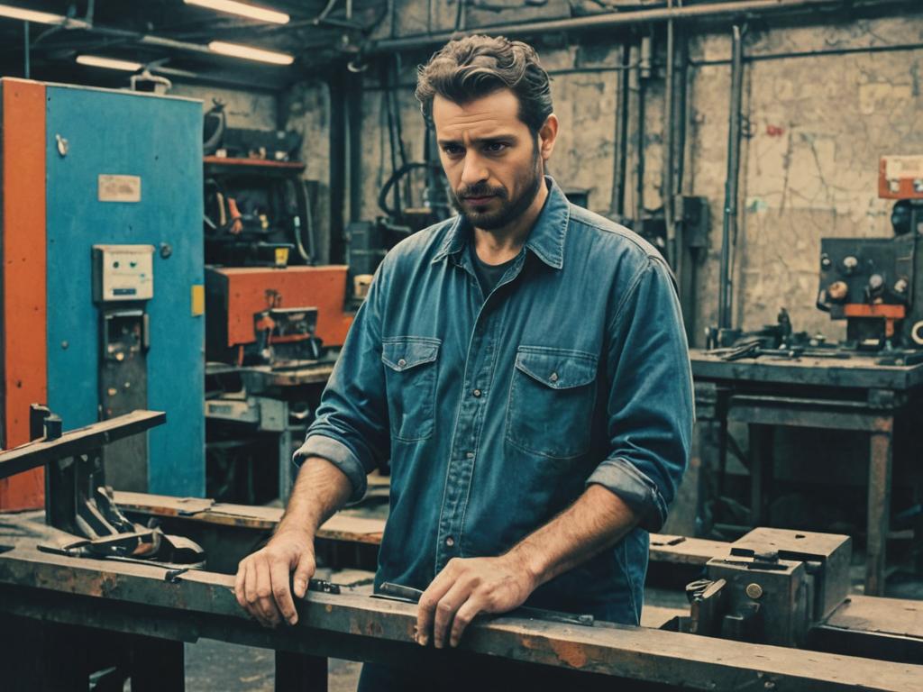 Man in Denim Jacket in Workshop