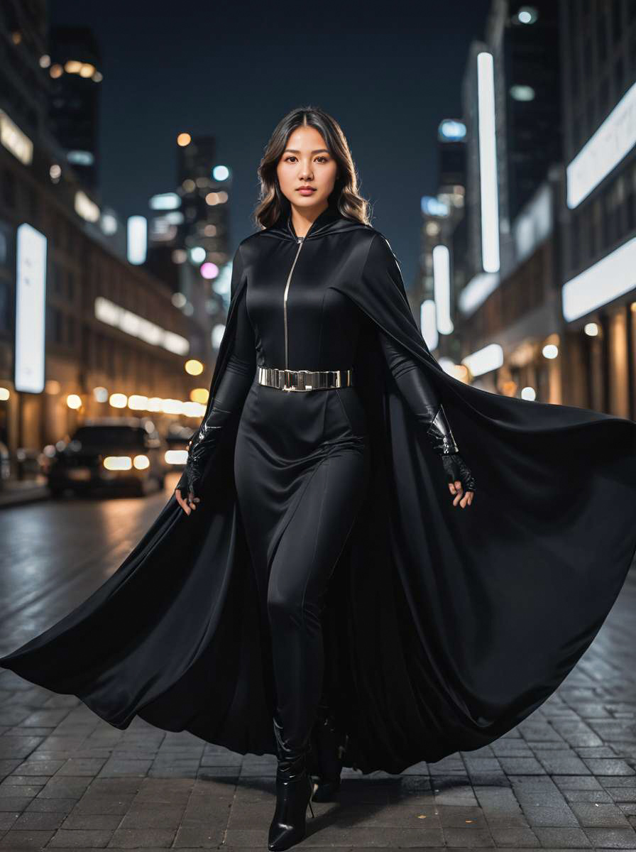 Stylish Woman in Black Costume with Cape