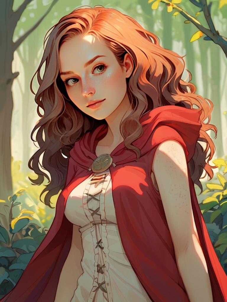 Young Woman in Red Cloak in Sunlit Forest Young Woman in Red Cloak in Sunlit Forest